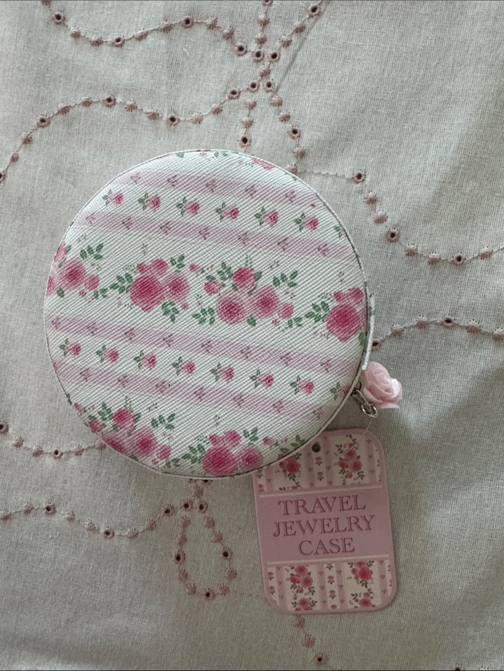 LoveShackFancy Round Floral Travel Jewelry Case in Pink and Green